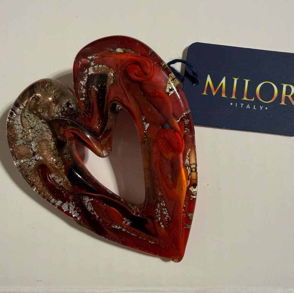 Milor Italy Murano Glass Red and Gold Foil Heart Pendant